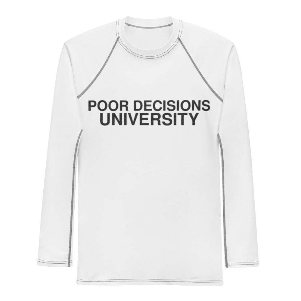 poor-decisions-university-funny-vintage-rash-guard flat front mockup v2
