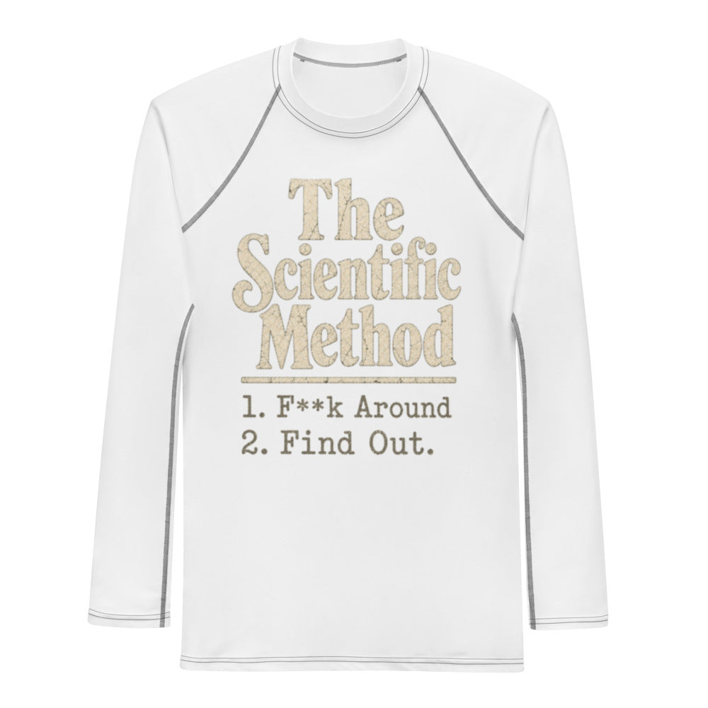 the-scientific-method-f-k-around-find-out-funny-vintage-rash-guard-navy flat front mockup