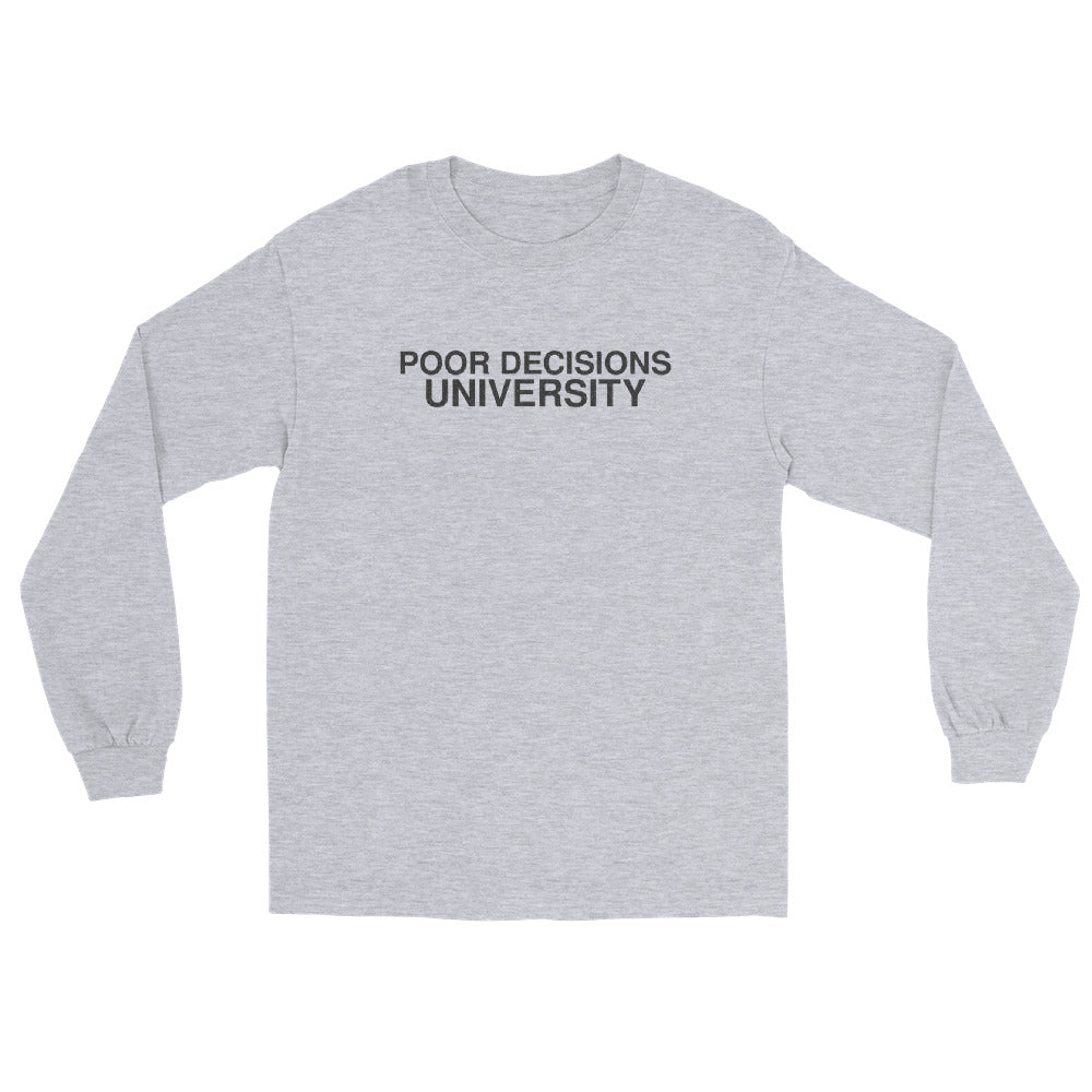 poor-decisions-university-funny-vintage-long-sleeve-tee sport grey front full mockup